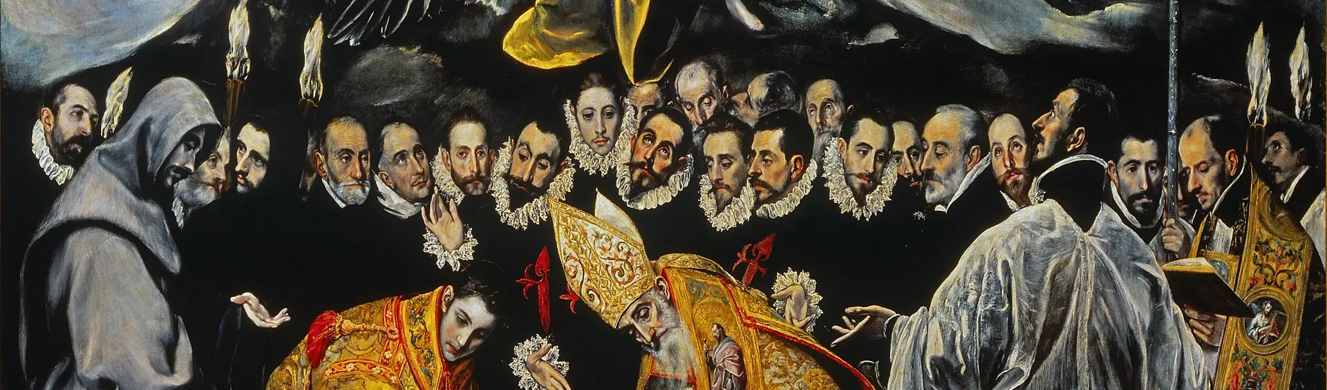 Detalle de El entierro del conde de Orgaz, con la fila de caballeros toledanos de gorguera y los dos santos revestidos de oro depositando el cuerpo