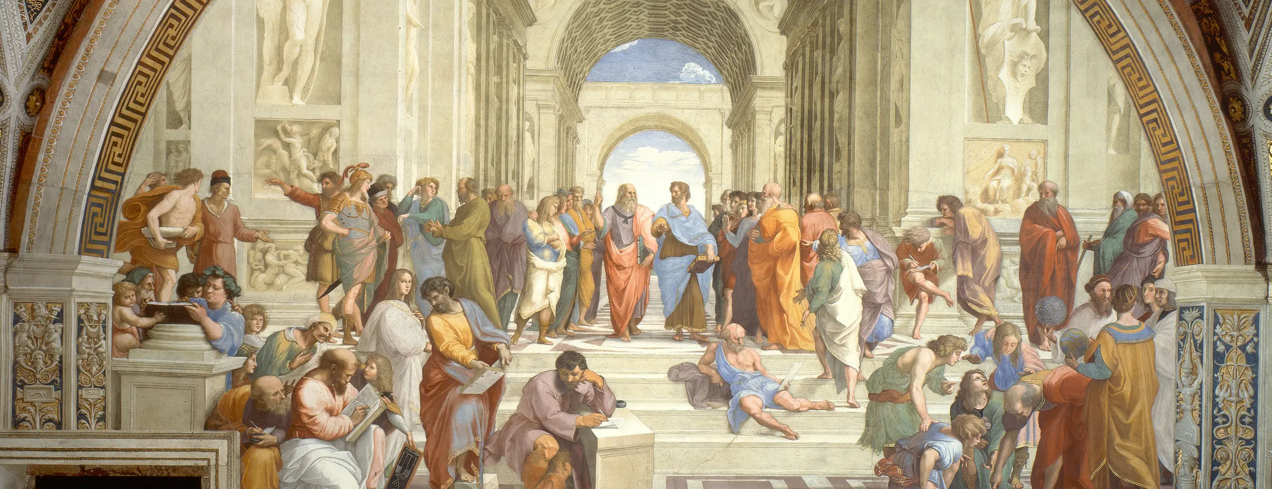 La Escuela de Atenas: Platón y Aristóteles conversan rodeados de los sabios de la Antigüedad