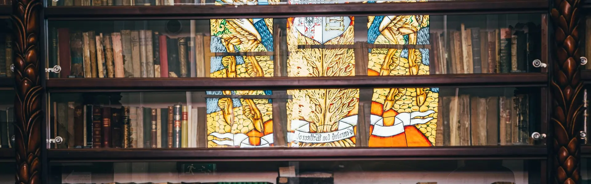 Estantería antigua acristalada llena de libros encuadernados, con el reflejo de una vidriera de colores sobre el cristal