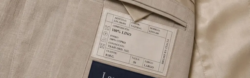 Etiqueta interior de una americana de lino, con la composición del tejido, la del forro, la talla y los símbolos de lavado