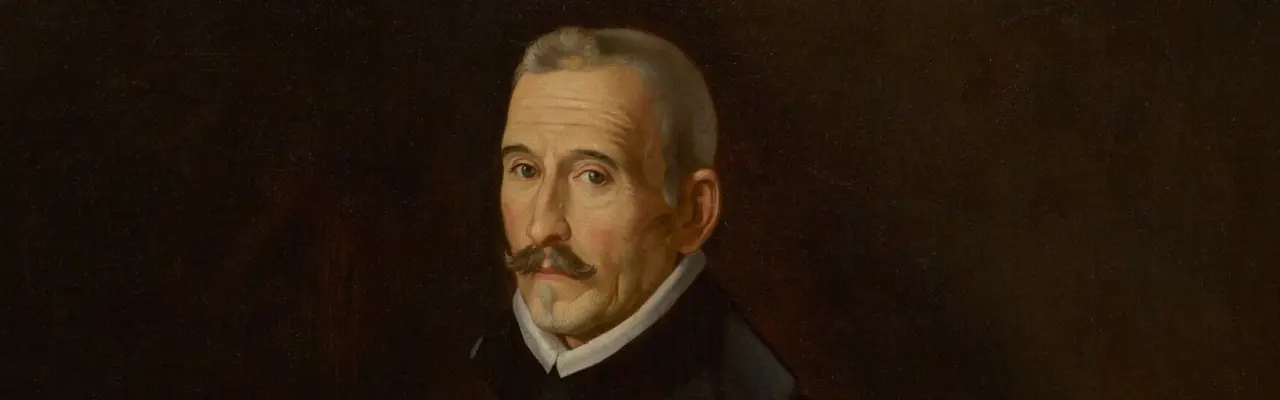 Retrato de Lope de Vega, de bigote y perilla canos, con hábito negro y golilla blanca