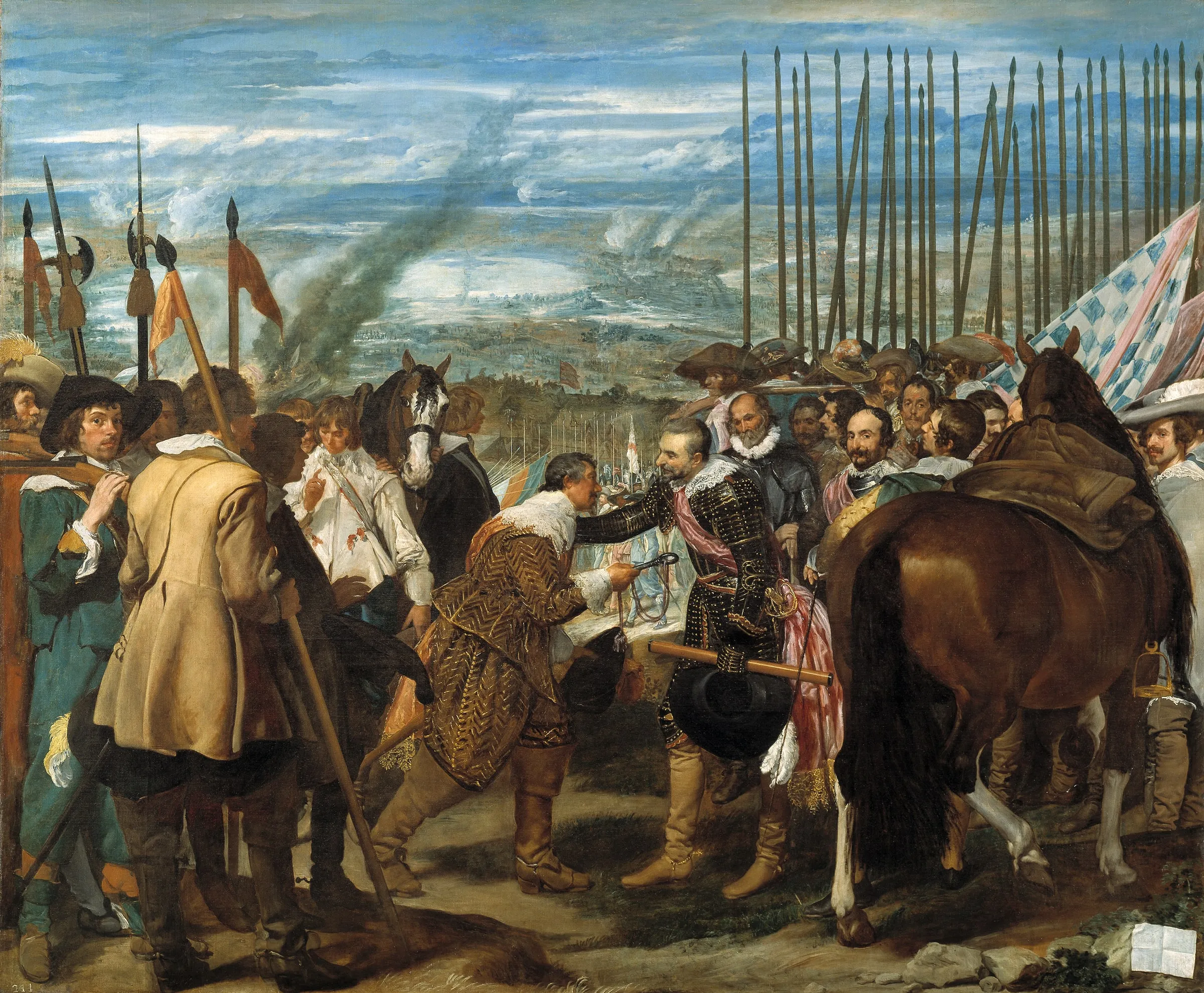 La rendición de Breda, de Velázquez: Spínola recibe la llave de la plaza de manos de Justino de Nassau ante el bosque de picas
