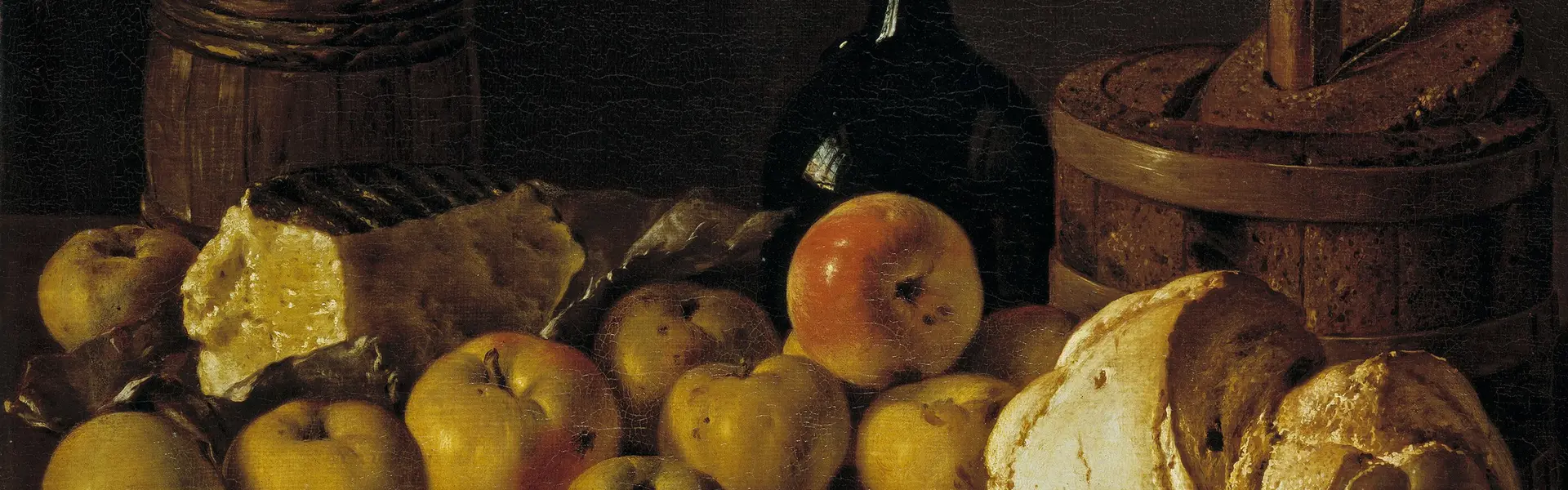 Luis Meléndez, Bodegón con manzanas, pan, queso y recipientes: pan, manzanas, queso y una botella de vino junto a una cesta de corcho