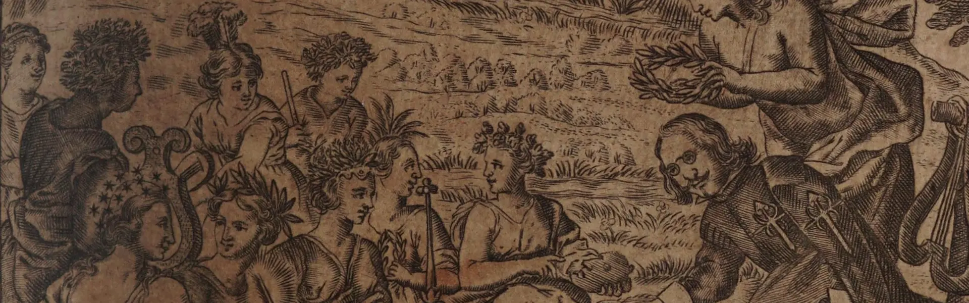 Grabado del Parnaso con las nueve musas castellanas, Apolo coronando de laurel y Quevedo con sus anteojos, de la portada de El Parnasso español