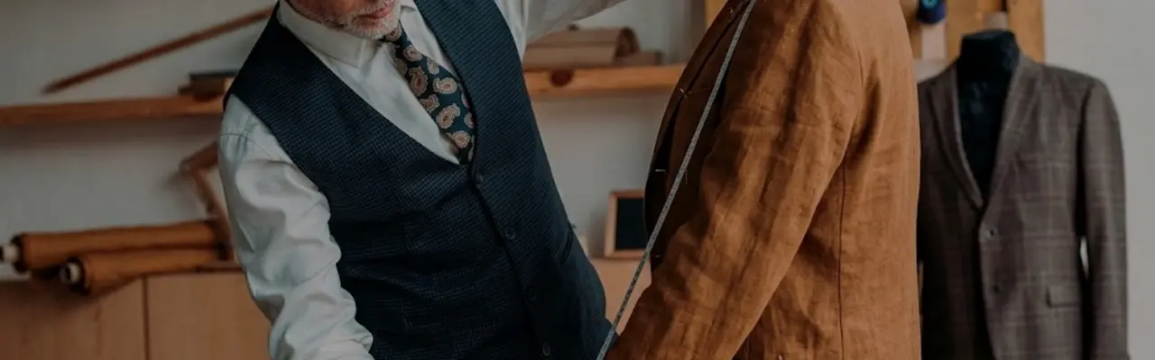 Sastre mayor con chaleco tomando la medida de la manga de una americana de lino color tabaco montada sobre un maniquí, en su taller